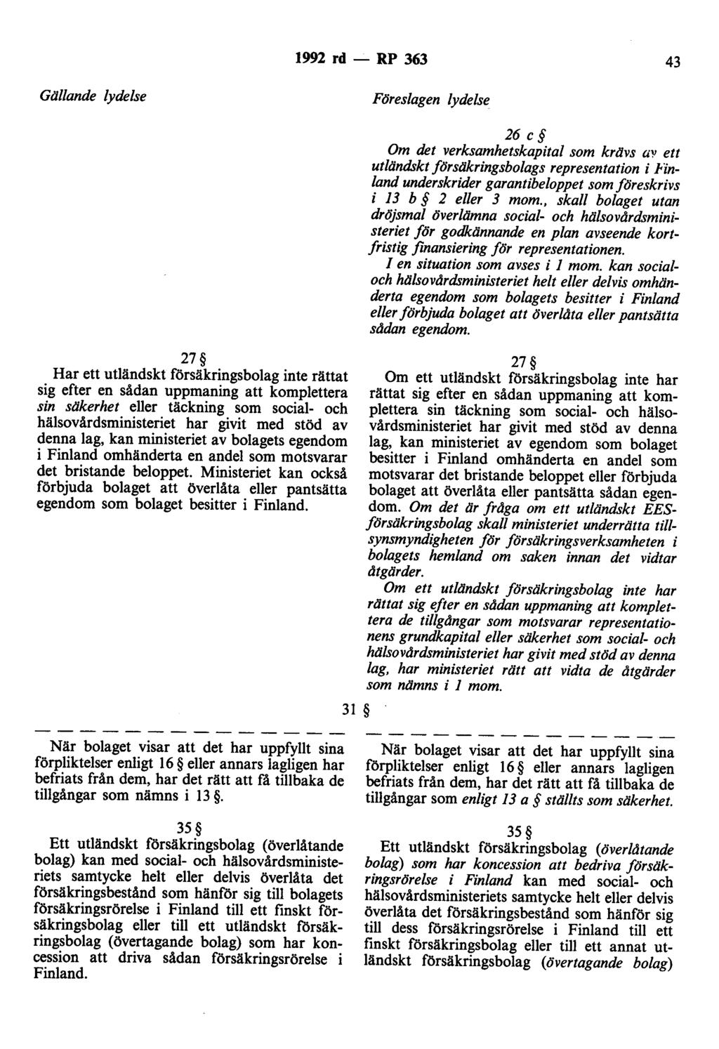 1992 rd- RP 363 43 Gällande lydelse FIJreslagen lydelse 27 Har ett utländskt försäkringsbolag inte rättat sig efter en sådan uppmaning att komplettera sin säkerhet eller täckning som social- och