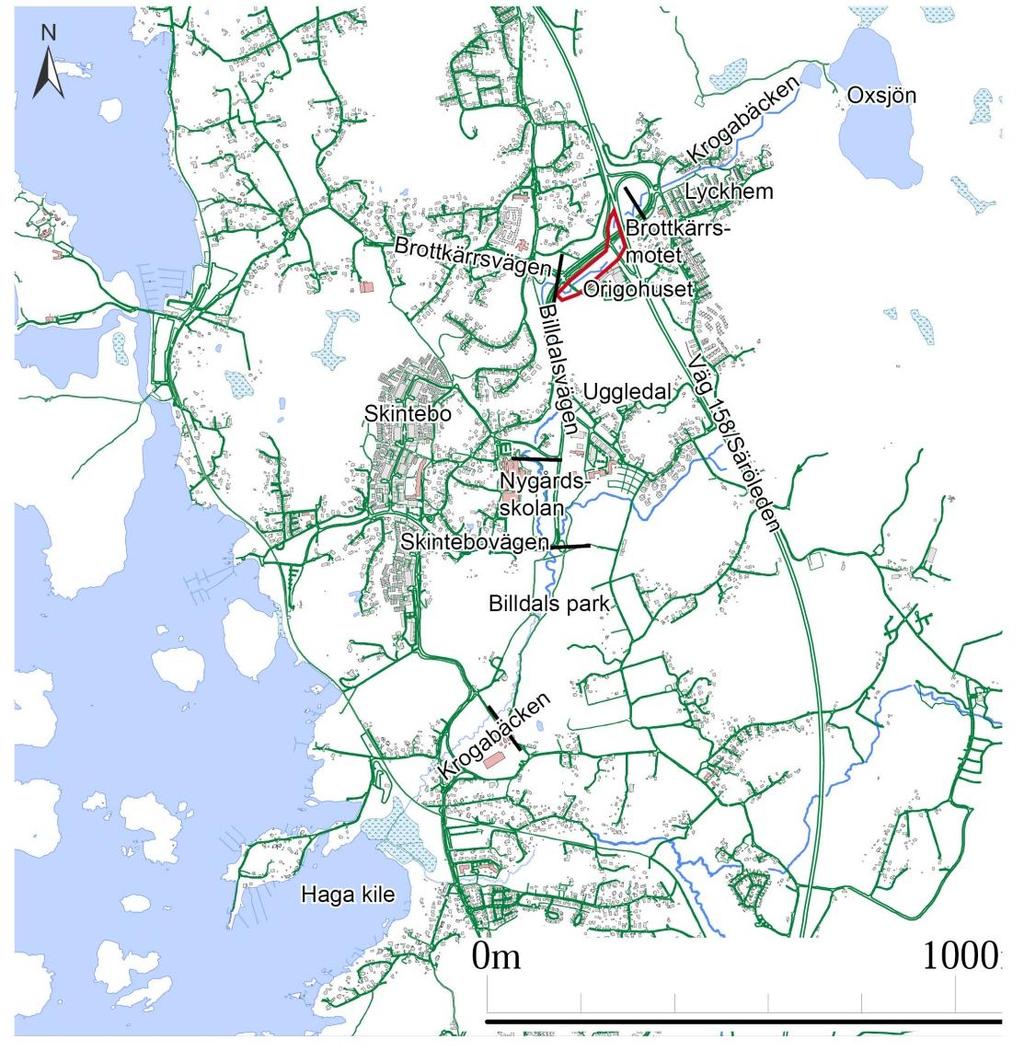 17 Figur 8 Översiktskarta över Krogabäcken med start och slut för inventerade sträckor; Billdals park, Nygårdsskolan och utredningsområdet (i rött) markerade med svarta streck 821 Billdals park