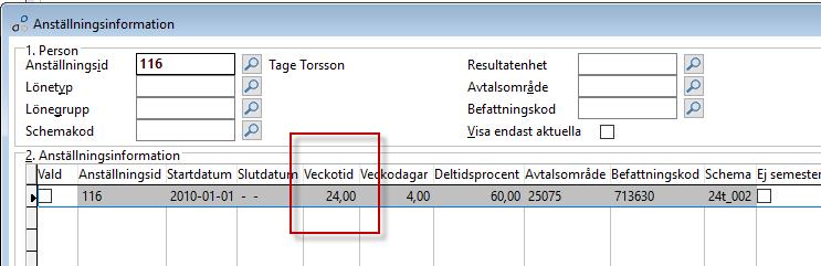 veckoarbetstid Procentsats att multiplicera med 20 % Veckoarbetstid för respektive person