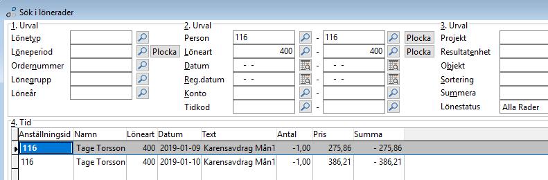 Karensavdrag Lönerader Karensavdrag blir vanliga lönerader som kan granskas till exempel i Sök i lönerader : Karensavdrag Frånvaroregistret Karensavdrag kan även granskas i frånvaroregistret: