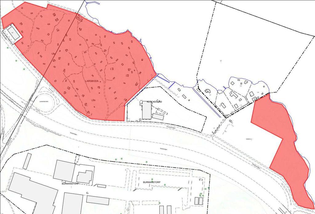 Figur 2. Detaljerad markering av undersökningsområdena med Campingstugeområdet på berget söder om Hökarängsbadet och lövskogspartiet utmed Drevviken sydöst om Klockelundsvägen.