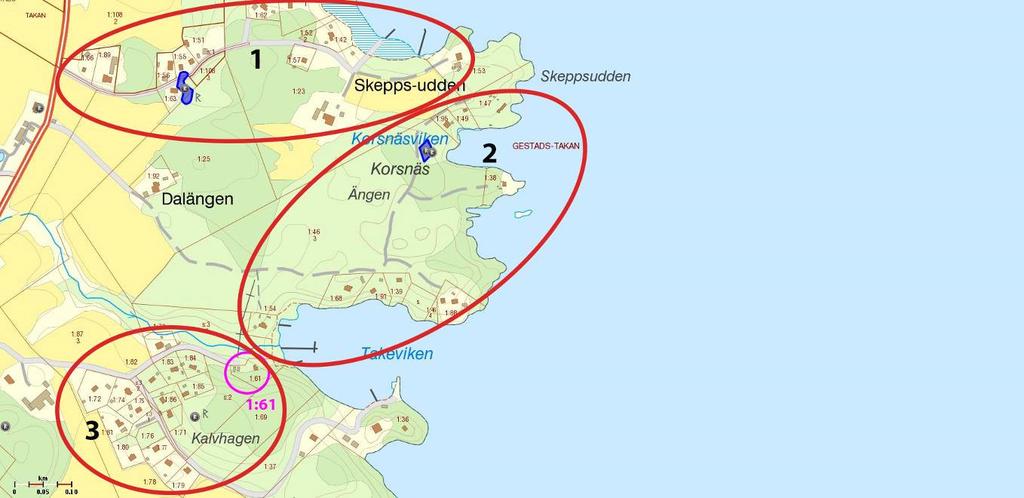 Rekommendationer: Viktiga karaktärsdrag att ta hänsyn till vid förändringar är att bebyggelsen utmärks av envånings trähus placerade med långsidan mot vägen.
