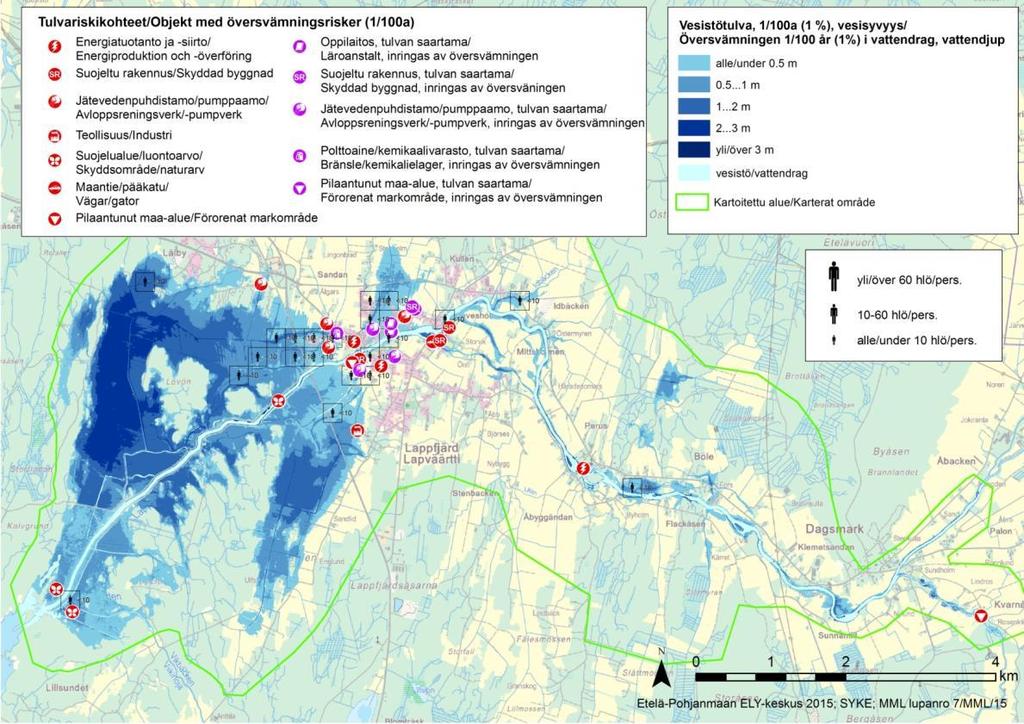 Miljörapport Bilaga 7. Bild 1. Detaljerad karta över översvämningsrisker i Lappfjärds tätortsområde där det finns risk för översvämning som återk ommer en gång per hundra år.