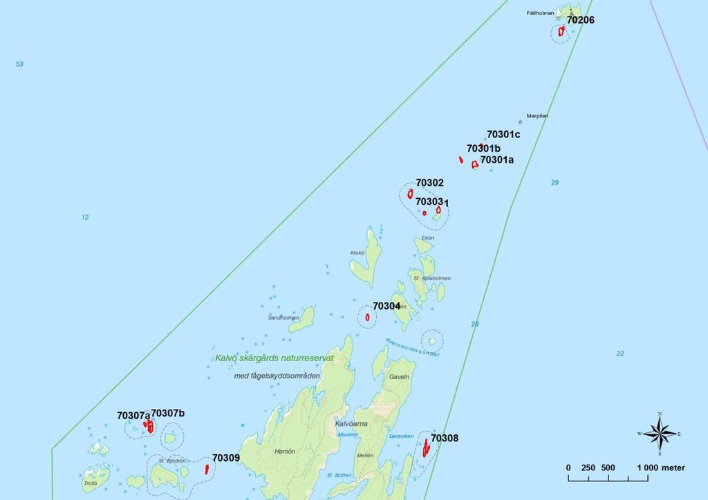 Bilaga 1d Restaureringsplan fö r fa gelska r Kalvö skärgård Översiktskarta Fågelskär i LIFE+ Vänern inom Kalvö skärgård.