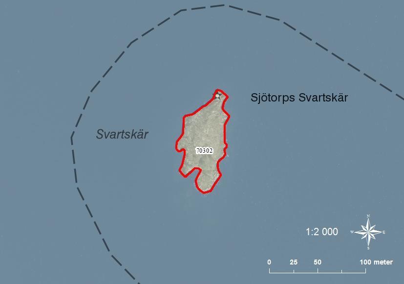 70302 Sjötorps Svartskär SE0540078 4-5 0,35 Klippskär med 3 stora björkar ca 10m höga, 2 döda träd, 1 gles klibbal i söder. En del sly och buskar också. Här har roskarl funnit tidigare!