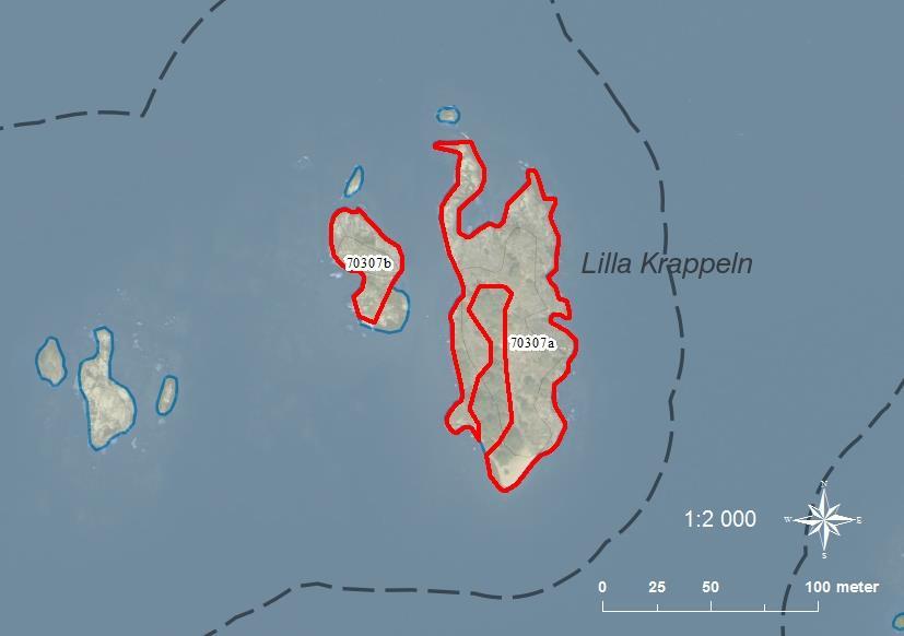 70307a Lilla Krappeln med skär SE0540078 4-5 0,52 70307b Lilla Krappeln med skär SE0540078 2 0,10 A: Ganska hög ö på ca 5m. Många stora tallar (ca 12m höga) i grupp på norra och södra delen.