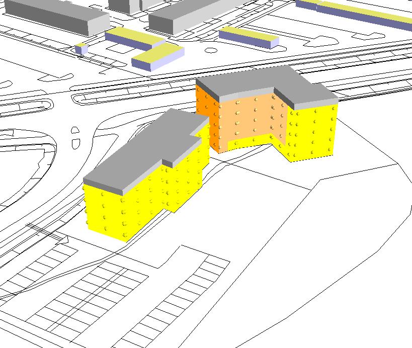 KARLSSONS ÄNG, KALMAR Situation framtidsprognos 2036 Område 1 Maximala ljudnivåer vid fasader Kartan visar ljudnivåerna som