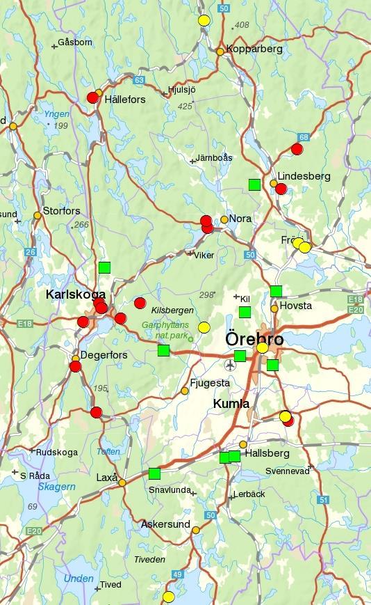 Bild: Geografisk placering av Sevesoverksamheter i Örebro län.