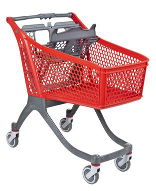 Kundvagnar POLYCART P130 Idealisk för medelstora butiker. Korg och underrede i antracit som standard. Rött bakstycke med barnsits som standard. Korgvolym: 129l Stackning: 18 cm Art.