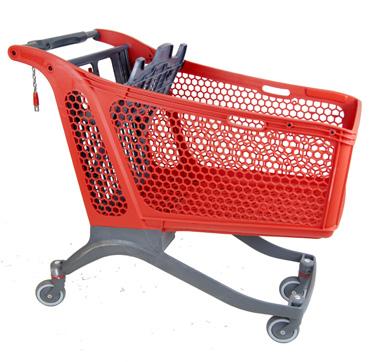 nr. 412010 - svart Art.nr. 412013 - blå POLYCART P220 Lätviktsvagn för stora butiker. Korg och underrede i antracit, bakstycke med barnsits i röd.