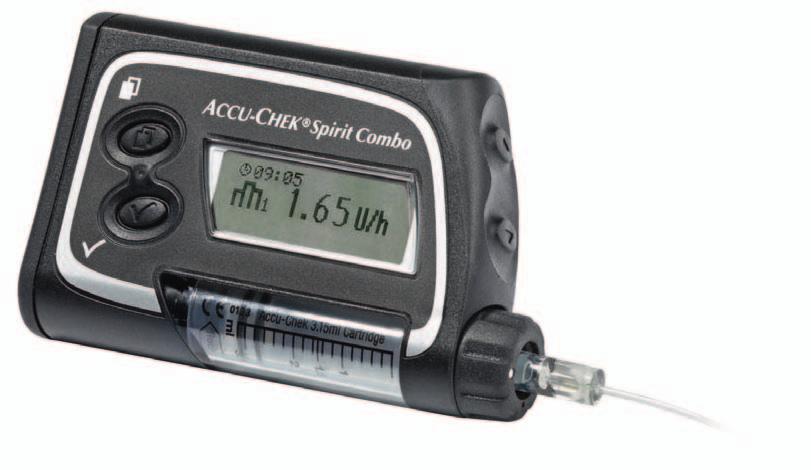 Din insulinpump d Menyknapp f OK-knapp Din kontakt för att få stöd med och/eller mer information om din Accu-Chek Spirit Combo-insulinpump: a s Ampullfack med ampull Adapter Upp-knapp Ned-knapp
