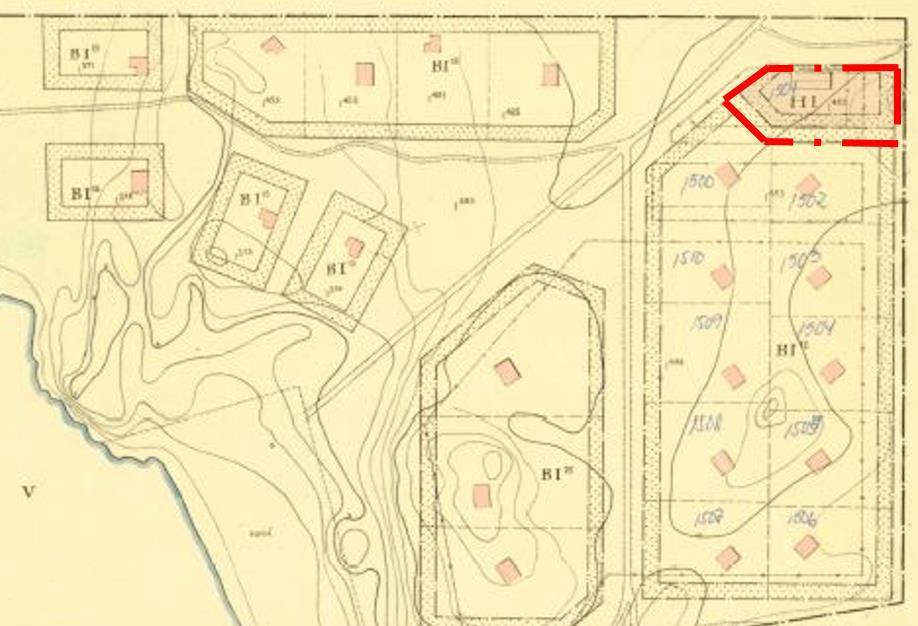 Den del av byggnadsplanen som nu omfattas av planansökan ändrades år 1951 med Bpl 213 till handelsändamål med syfte att bedriva någon form av handel, se fig. 4. Någon handel har dock aldrig bedrivits.