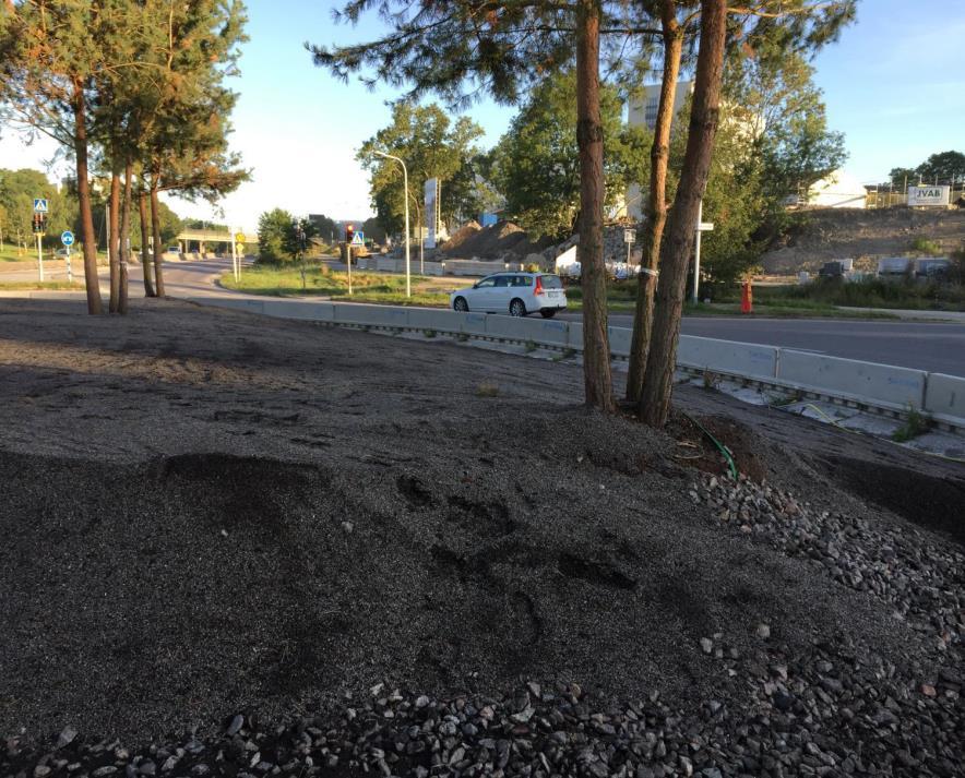 marknivån kan ibland vara nödvändigt (ibid). Rötter som finns i området där makadam 90 150 mm skall läggas ut kan skyddas med hjälp av geotextil.