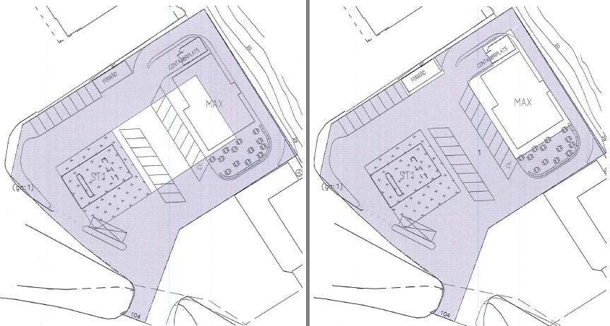 Höger illustration visar ändrad byggrätt samt nybyggnadsförslaget. Skisserna i förslaget visar i stora drag projektets utformning.