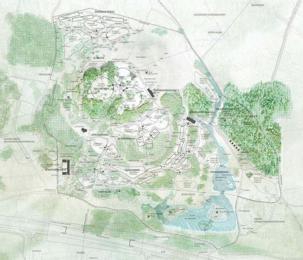 Sida 18 (35) Godkänt dokument - Monika Joelsson, Stadsbyggnadskontoret Stockholm, 2016-09-26, Begravningsplatsens utformning ur gestaltningsprogrammet Ny bebyggelse Den planerade bebyggelsen kommer