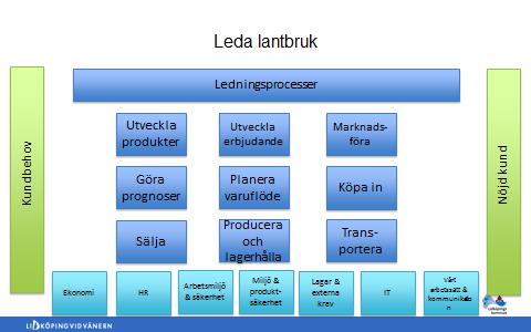 Exemplet är hämtat från Lantmännen: Starten/input är att det finns behov från kund, och output är nöjda kunder. De nio blå rektanglarna är organisationens huvudprocesser.