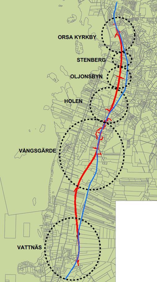 nedan, gjorts. Inom parentes i figurtexten framkommer en ungefärlig uppdelning i vägplanens tre olika delsträckor. Områdesöversikt. E45 planalternativet, nytt läge (röd linje), E45 nuläge (blå linje).