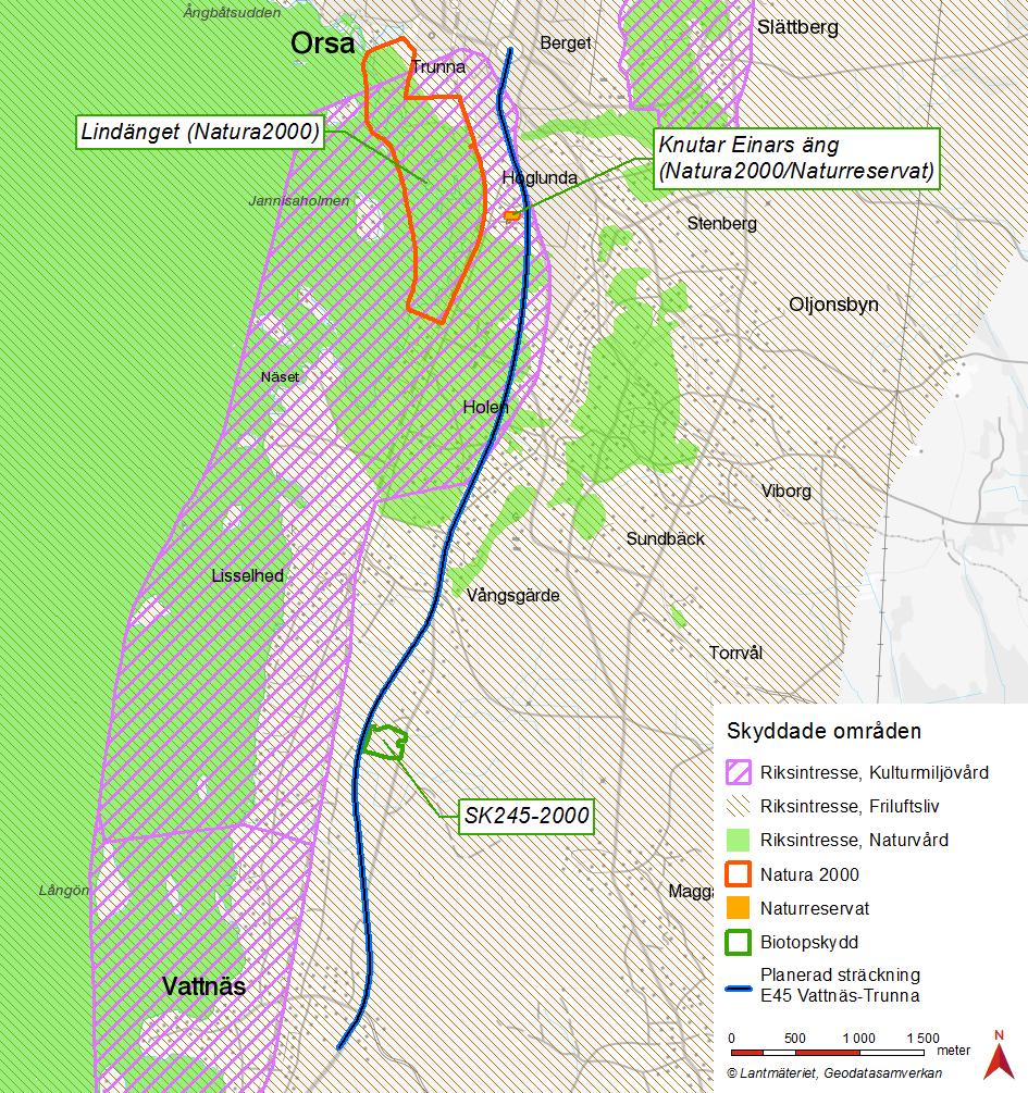 De riksintressen, Natura-2000 områden, biotoper samt naturreservat som berörs direkt eller indirekt av planerad vägsträckning.