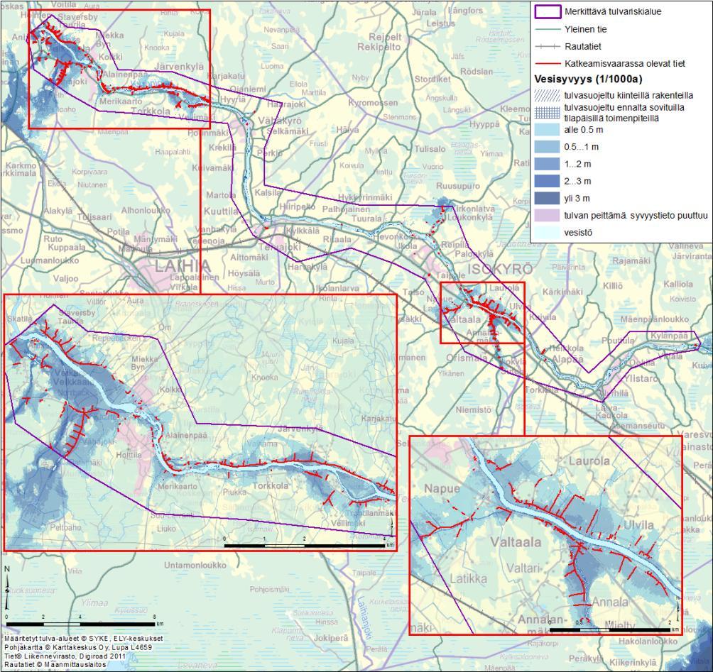 Rapport om karteringen av översvämningsrisker Bilaga 6 Bild 5. Avbrott på vägar vid en översvämning 1/1 000a. (Digiroad 2011) 3.
