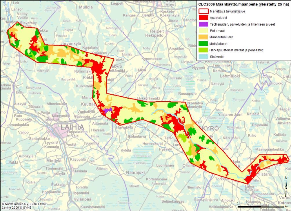 Rapport om karteringen av översvämningsrisker Bilaga 6 Tabell 10. Markanvändningens fördelning i hektar i området Ylistaro-Lillkyro med översvämningsrisk.