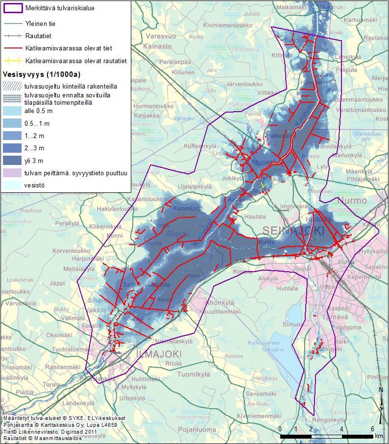 Rapport om karteringen av översvämningsrisker Bilaga 6. Bild 5. Avbrott på vägar och järnvägar vid en översvämning 1/1 000a. (Digiroad 2011, Lantmäteriverket). 3.