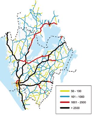 Antal påstigande per vardagsdygn och hållplats. Källa: Västtrafik (2002) De stora start och målpunkterna för resorna med kollektivtrafik är av naturliga skäl de stora tätorterna.