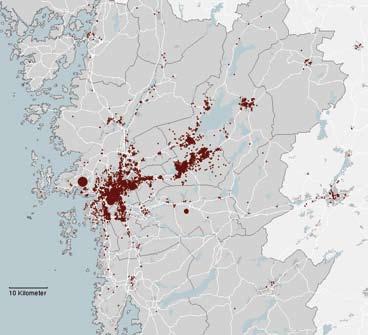Befolkningsutveckling (%) per kommun 1990-2005 120 Index 100 = 1990 110 100 90 Göteborg Partille Lerum Alingsås Vårgårda Falköping Herrljunga Tidaholm 1990 1992 1994 1996 1998 2000 2002 2004 Källa: