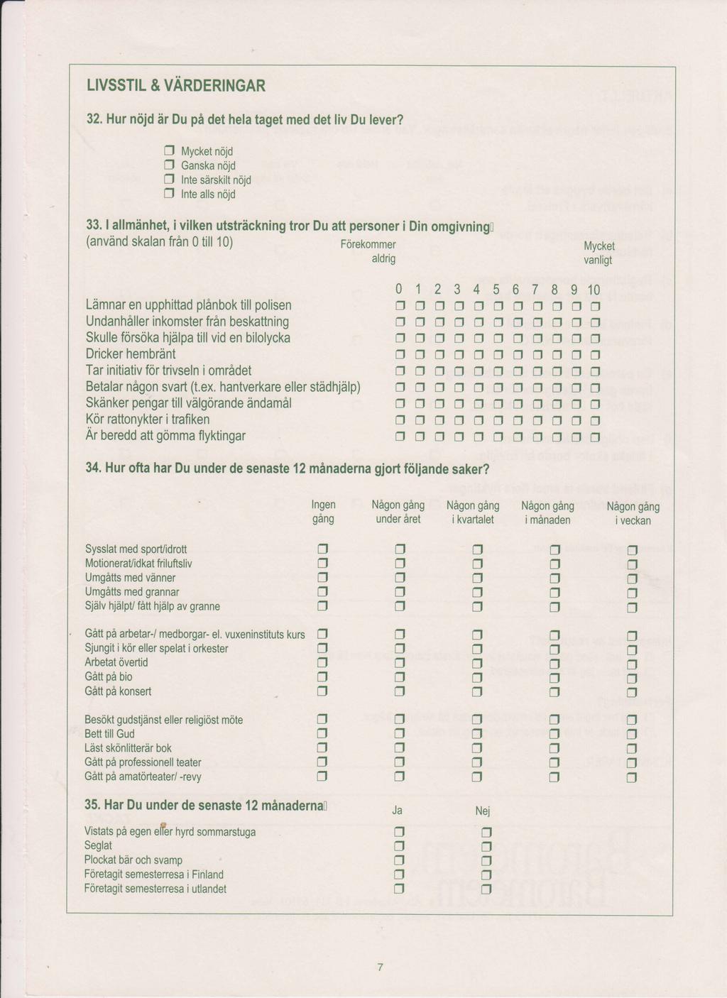 LIVSSTIL & VÄRERINGAR 32. Hur nöjd är u på det hela taget med det liv u lever? 0 Mycket nöjd 0 Ganska nöjd 0 lnte särskilt nöjd 0 lnte alls nöjd 33.