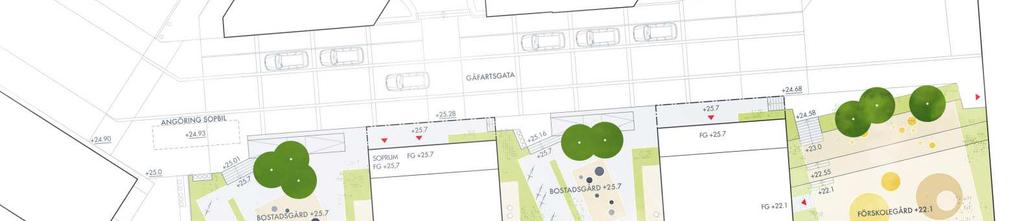 I Etapp C (bild 5) utformas de nya gårdsytorna med grusbeläggning till största del och en mindre del av planteringar