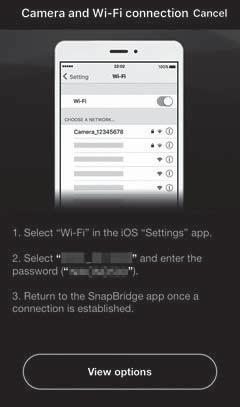 Använda Överföra bilder/fjärrfotografering (Wi-Fi-anslutning) När kameran är ansluten till en smart enhet via en Wi-Fi-anslutning kan du använda följande funktioner i fliken A i SnapBridge-appen.