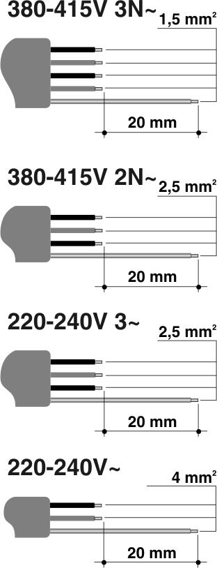 Anvisningar till installatören För drift med 380-415 V 3N : använd en H05V2V2-typ femtrådig kabel (5 x 1,5 mm 2 ). För drift med 380-415 V 2N : använd en H05V2V2-typ fyrtrådig kabel (4 x 2,5 mm 2 ).