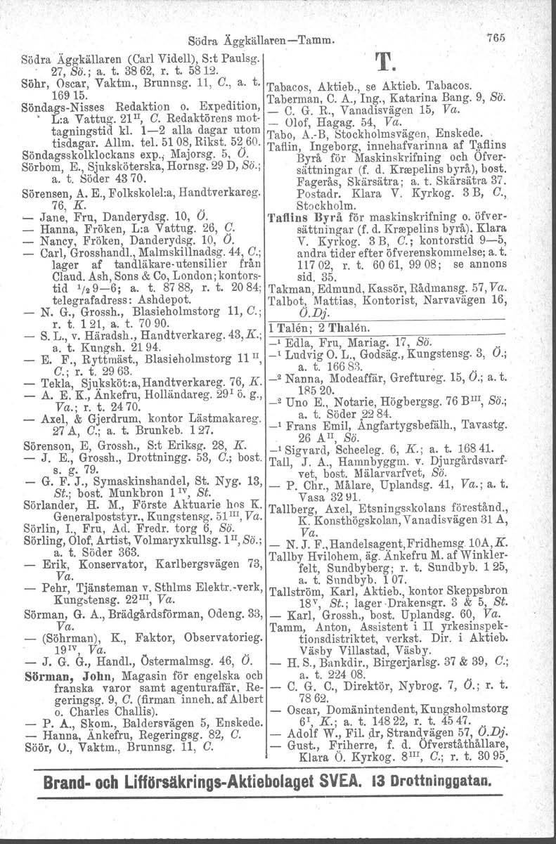 Södra Äggkällaren-Tamm. Södra Äggkällaren (Carl Videll), S:t Paulsg.. 27, Sä.; a. t. 3862, r. t. 5812. Söhr, Oscar, Vaktm., Brunnsg. 11, G., a. t. Tabacos, Aktieb., se Aktieb. Tabacos. 169 15.