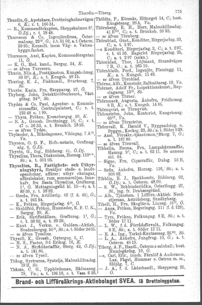 Thurdin-Tiberg. 775 Thurdin, G., Apotekare, Drottningholmsvägen Thöldte, P., Körsnär, Hötorget 14, G.; bost. 6, K.; r. t. 10631. Kungstensg. 28A, Va. _ R.