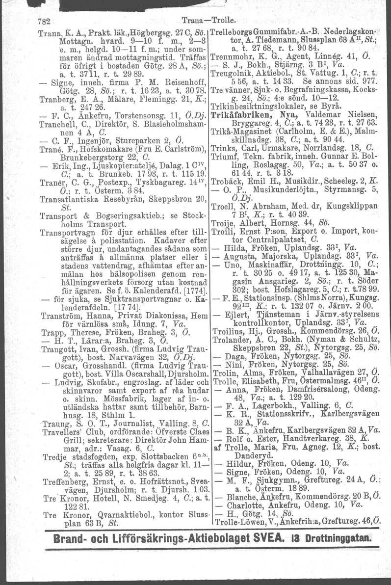 782 Trana-Trolle. Trana, K. A., Prakt.liik.,HÖgbergsg. 27C, Sö. TrelleborgsGummifabr.-A.-B. Nederlagskon-: Mottagn. hvard. 9-10 f. m., 2-3 tor, A. Tiedemann, Slussplan 63 AIl,St.; 'e. m., helgd.