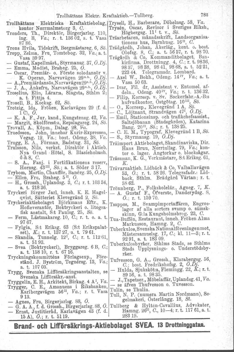 Trollhättans Elektr. Kraftaktieb.-Tullberg. 783 T~onhittans Elektriska Kraftaktiebolag, "I'rysell, H., Barberare, Döhelnsg. 58, Va. kontor Norrmalmstorg 3, G. Trysen. Oscar, Revisor i Sveriges Riksb.