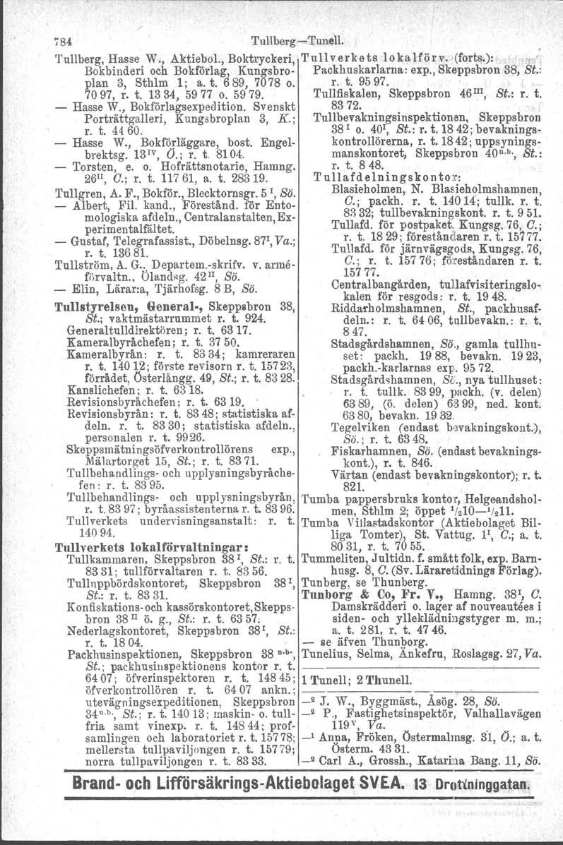 'i84 Tullberg-e-Tunell. Tullberg, Hasse W., Aktiebol., Boktryckeri, Tullverkets lokahörv. '(forts.):,.','n' Bokbinderi och Bokförlag, Kungsbro- Packhuskarlarna: exp.