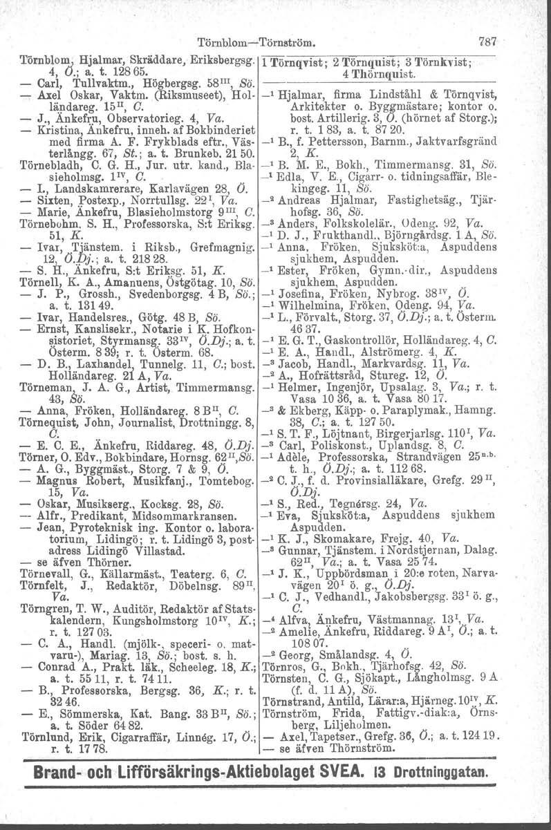 Törnblom-Törnström. 787 Törnblom..< Hjalmar, Skräddare, Eriksbergsg. 1 Törnqvist; 2 Törnquist; 3 Törnkvist ; 4, u.; a. t. 12865. 4 Tllörnquist. - Carl, Tullvaktm., Högbergsg. 58 III, Sö.