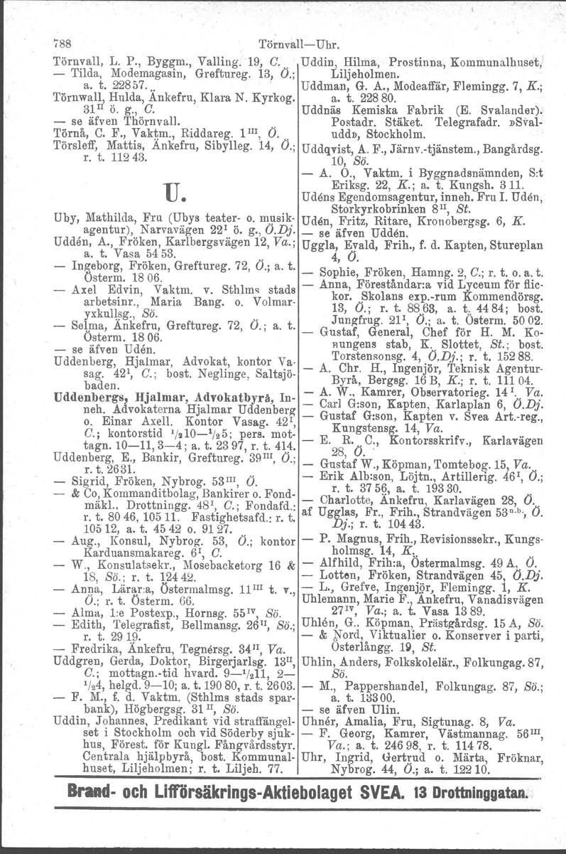 788 Törnvall-Uhr. Törnvall, L. P., Byggm., Valling. 19, G.. Uddin,J Hilma, Prostinna, Kommunalhuset, - Tilda, Modemagasin, Greftureg. 13, O.; Liljeholmen, a. t. 22857.... Uddman, G. A.