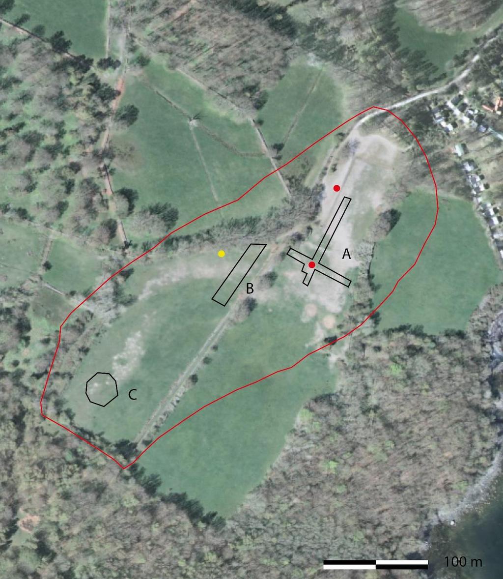 Figur 10. Lönnbergs grävningsfält inlagda på ortofoto. Polygonerna visar de områden inom vilka Lönnberg tog upp provgropar och större undersökningsområden.