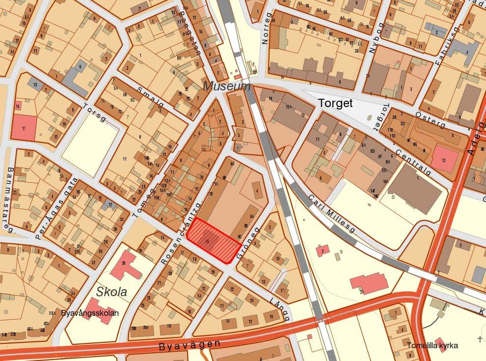 Samrådshandling 2018-06-07 Den röda skrafferade markeringen visar området som detaljplanen avser. Areal Planområdet som detaljplanen avser omfattar fastigheten Fabian 8 med en area på 2147 m 2.