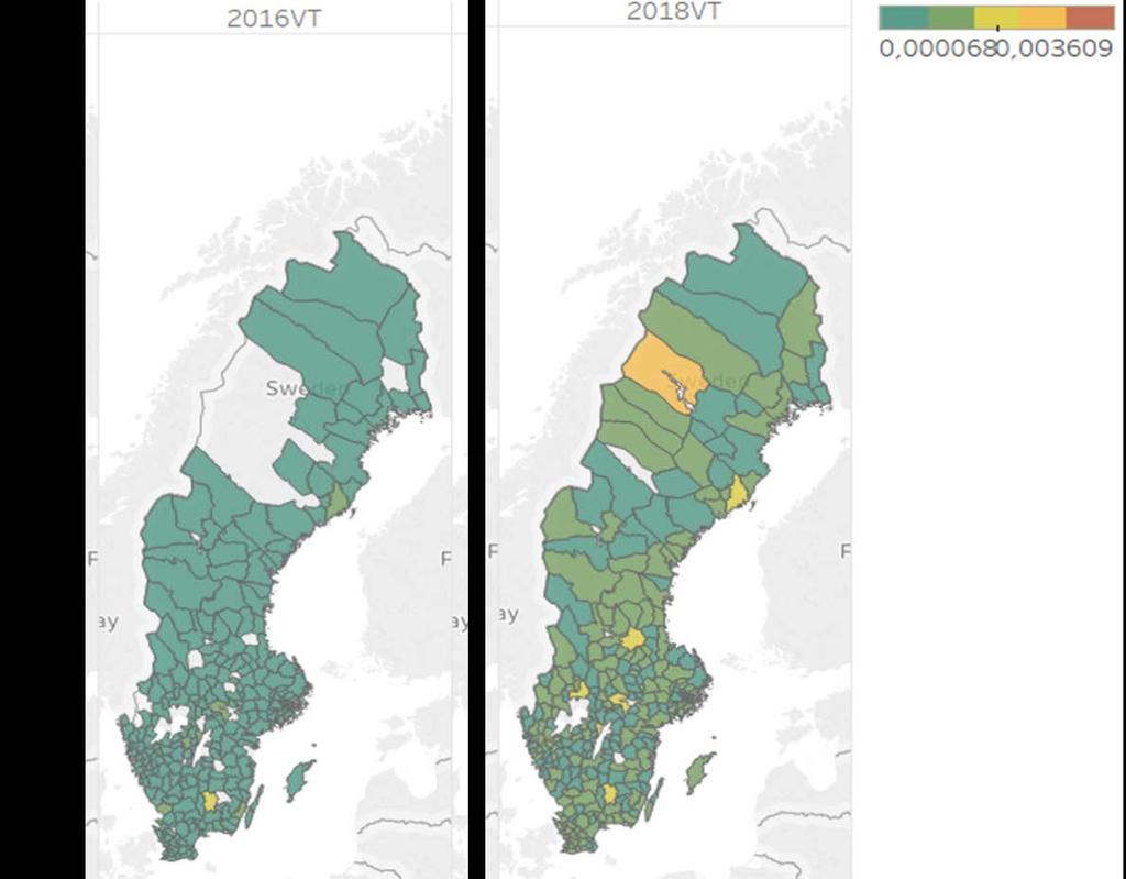 Figur 1: Geografisk förändring av sökande till polisutbildningen. Andelen sökanden per kommun, per capita (SCB2017).