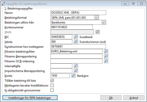 Inställningar betalningsutförare Inställningar för betalningsutförare kommer man åt via knappen Betalningsutförare i listan med betalningssätt eller direkt i trädet via Skapa/ ändrabetalningsutförare