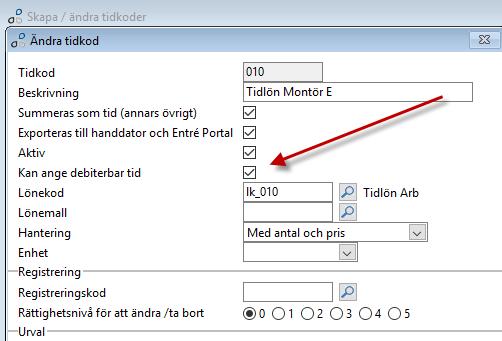 Kan ange debiterbar tid på tidkod Ny inställning på tidkod Kan ange debiterbar tid.