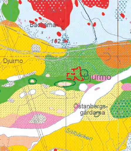 Illustration 4. SGU:s jordartskarta visar att utredningsområdet huvudsakligen består av isälvssediment. Utredningsområdet markerat med röd linje.