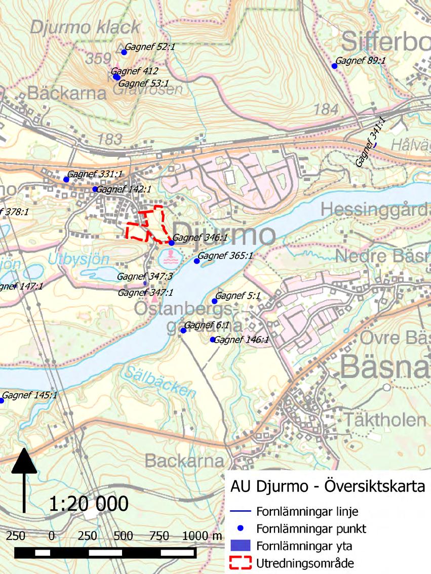 Illustration 2. Översiktskarta, skala 1:20 000. Utredningsområdet (röd streckad linje) är beläget intill Djurmo by, mellan väg E16 och Dalälven.