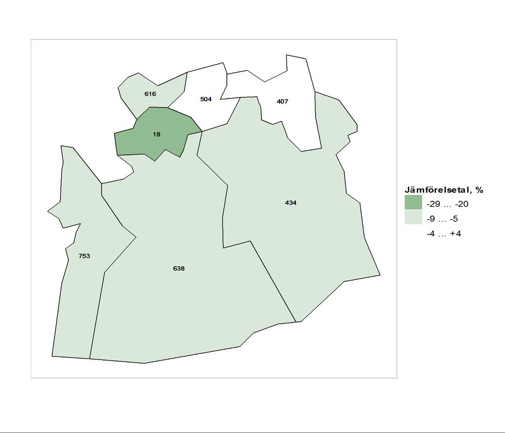 Karta 1. Vårdperioderna på grund av skador och förgiftningar i kommunerna i området jämfört med hela landet 2007 2011. Karta: Lantmäteriverkets översiktskarta 1:4 500 000, 2011.