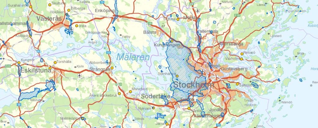 20 Fysisk planering för en trygg dricksvattenförsörjning behov och möjligheter Figur 3b. Exempel på ytvattenförekomst med vattenskyddsområde. Mälaren utgör dricksvattentäkt för två miljoner invånare.