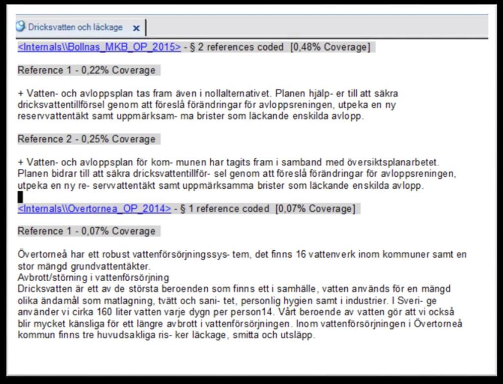 Uppföljning av kommuners vattenplanering i ÖP med hjälp av Nvivo-databas Vid genomläsning av de kodade textstyckena upptäcktes att ibland skrev kommuner om läckage-problem kopplat till dricksvatten.