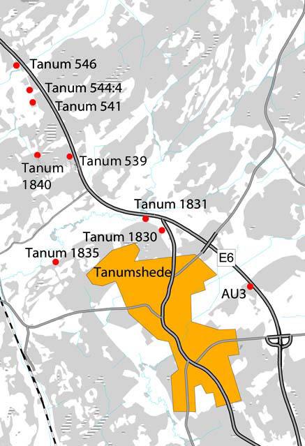 INLEDNING OCH FRÅGESTÄLLNINGAR Under 007 utförde Bohusläns museum arkeologiska undersökningar inom Tanum 544:4 och Tanum 1840 (Fig. 1). Undersökningarna var föranledda av den nya dragningen av E4.