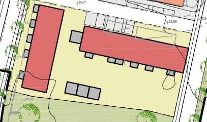 Lägenhetsförråd planeras på innergården öster om hus C och på gaveln till hus A.
